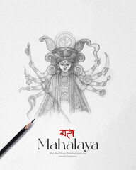 Maha Mahalaya poster featuring a detailed hand-drawn pencil sketch of the Dashabhuja (ten-armed) Goddess Durga, an artistic greeting for social media