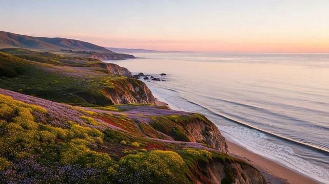 Colorful wildflowers bloom across dramatic coastal cliffs at sunset, overlooking a tranquil beach and calm ocean waters under a pastel sky. Serene and vibrant nature landscape.
