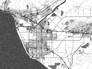 Naklejka premium Urban map of Oxnard, California, illustrated in monochrome with a strong grid and shaded elements.
