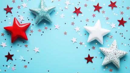 Grandparents Day Flat Lay with Red White Blue Stars on Light Blue Background, Copy Space for Card and Social Media Design
