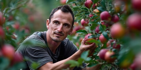 A man is picking ripe apples
