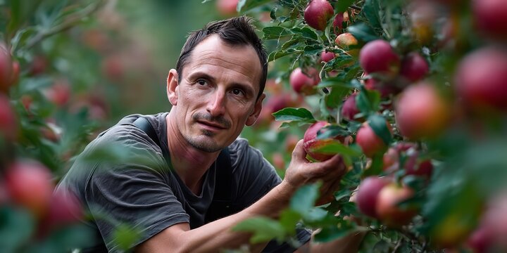 A man is picking ripe apples