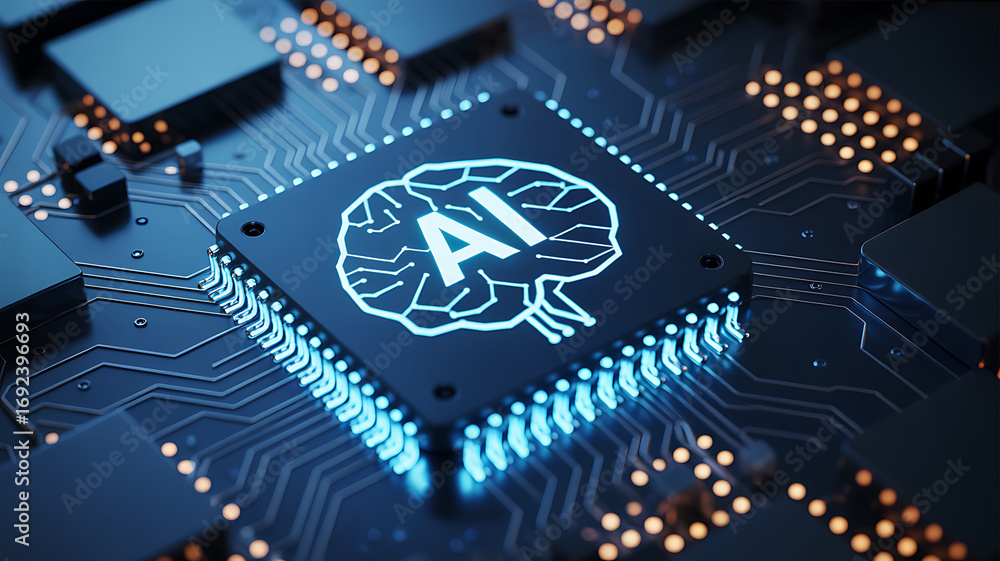 Aufkleber futuristic ai chip with glowing brain symbol representing artificial intelligence and technology