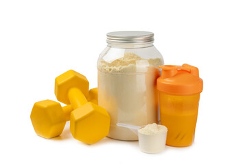 Protein powder.protein shake isolated on white background.Shaker bottle with protein.Food supplement.Whey protein powder with shaker for mixing.Sports nutrition.Concept of sports and healthy lifestyle