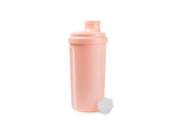 Protein powder.protein shake isolated on white background.Shaker bottle with protein.Food supplement.Whey protein powder with shaker for mixing.Sports nutrition.Concept of sports and healthy lifestyle