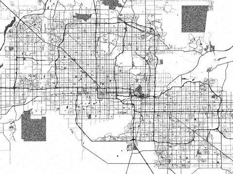 Hand-drawn style map illustration of Phoenix, Arizona, in black and white with detailed streets and neighborhoods.
