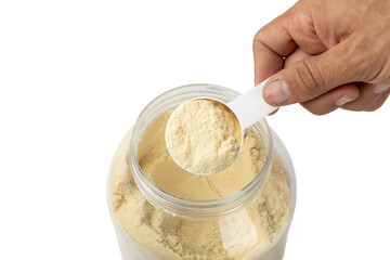 Protein powder.protein shake isolated on white background.Shaker bottle with protein.Food supplement.Whey protein powder with shaker for mixing.Sports nutrition.Concept of sports and healthy lifestyle