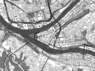 Obraz premium Black and white city map of Pittsburgh Center, Pennsylvania, illustrated with fine detail and sketch textures.