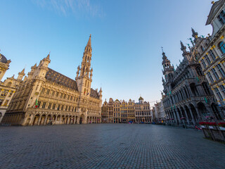 Town Hall and Empty Grand Place at Sunrise. City of Brussels, Belgium
