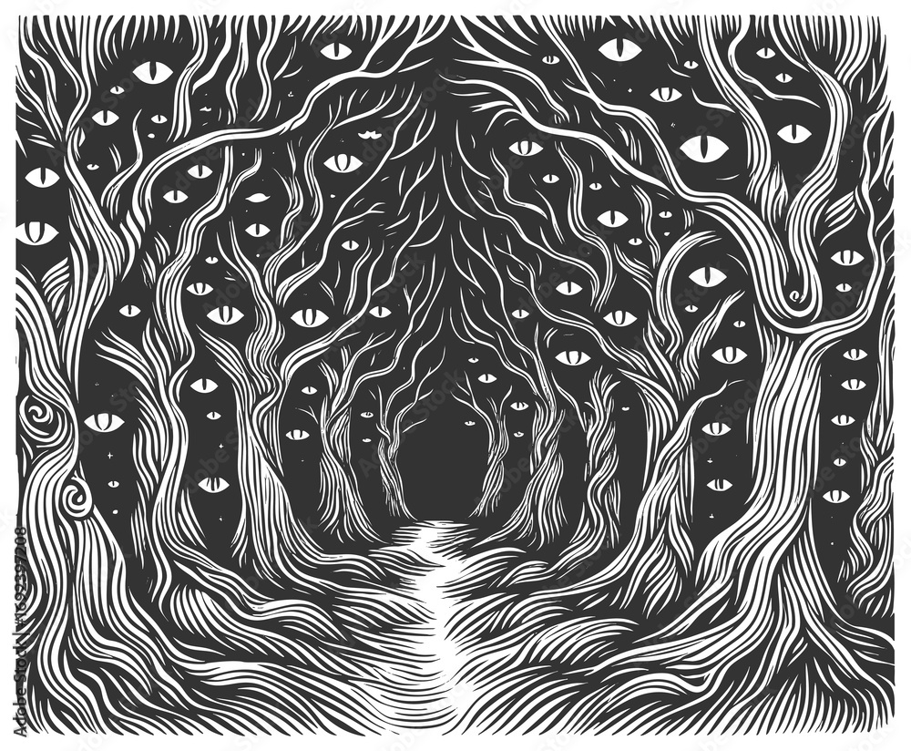 Poster dark forest where the trees have multiple eyes embedded in their trunks and branches sketch engravin