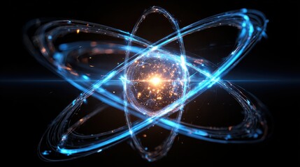 Atom Model with Glowing Core and Orbiting Electrons.