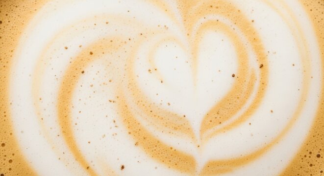 Closeup of latte art with a heart shape in the foam, top view