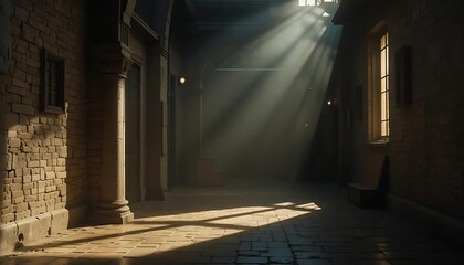 Sunlight streams into an old brick hallway creating a dramatic and atmospheric scene indoors