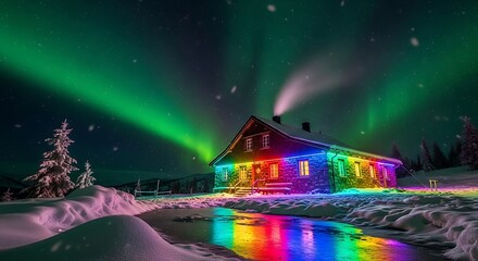 Fototapeta premium Winter cabin illuminated under the aurora borealis showcasing the magic of winter wonderland with snow