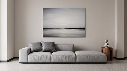 A simple, minimalist living room featuring a long, gray modular sofa. The room has neutral, light-colored walls and is decorated with a large black and white landscape photo.