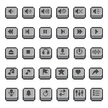 Pixel Art Media Control Icons Set Retro 8 Bit Buttons