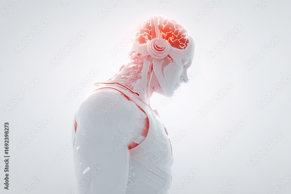 Poster futuristic humanoid figure with glowing brain and headphones explores the concept of advanced ai tec
