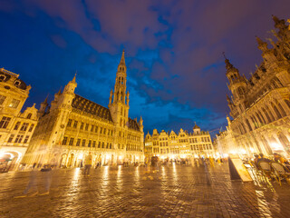 Illuminated Town Hall and Grand Place at Night. City of Brussels, Belgium