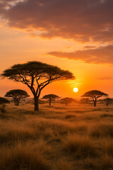 Beautiful Sunset Over African Savannah with Silhouetted Acacia Trees