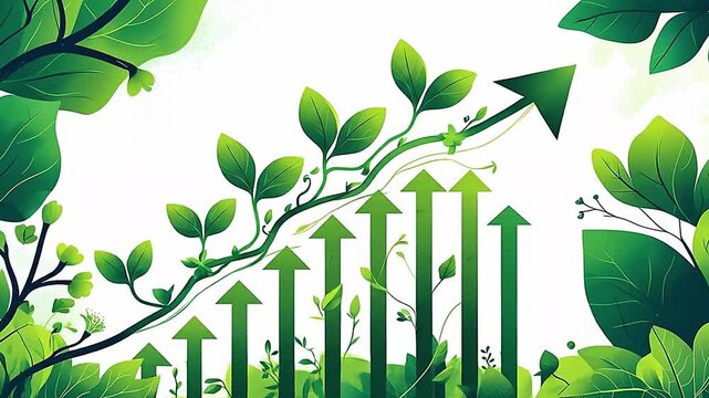 Sustainable Growth Concept with Green Leaves and Upward Arrows &ndash; Eco Business Development and Nature Progress