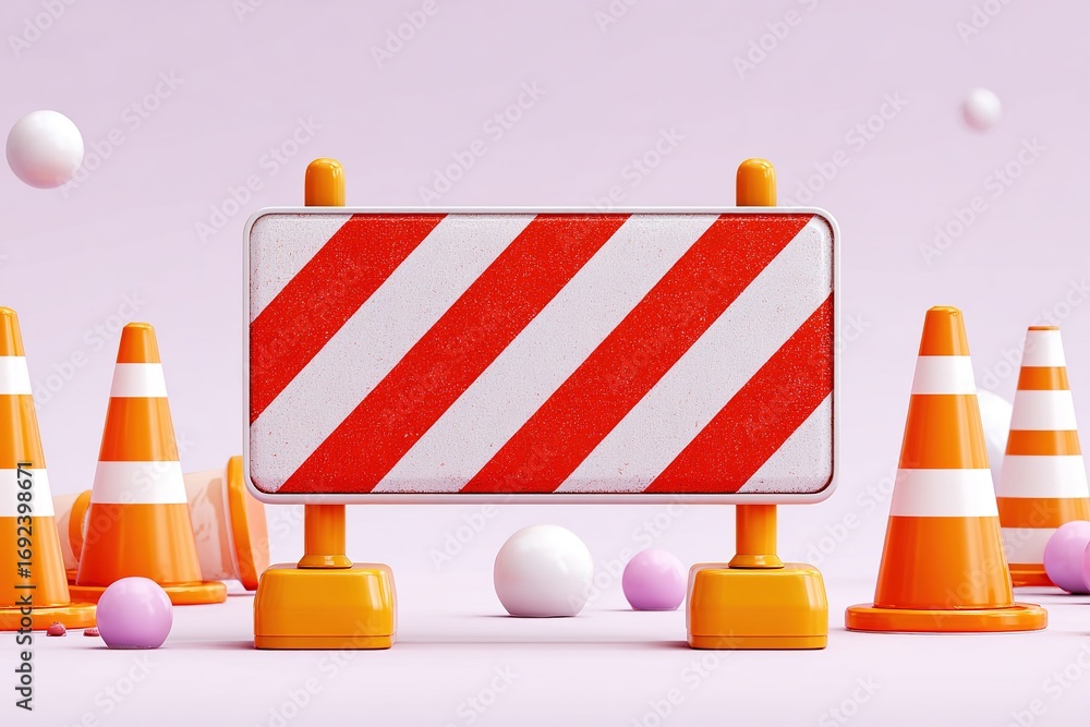 Poster safety barriers and traffic cones arranged in a construction zone with colorful objects scattered ar