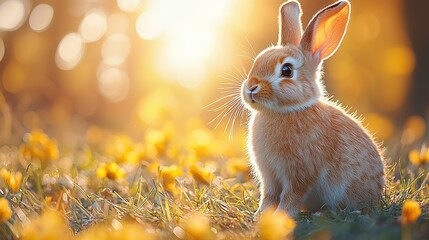Cute Easter Bunny on Spring Meadow with Yellow Flowers and Water in Sunlight, Natural Holiday Background
