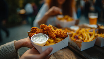 Close up of a hand holding a box of crispy fried chicken tenders and french fries with dipping sauce