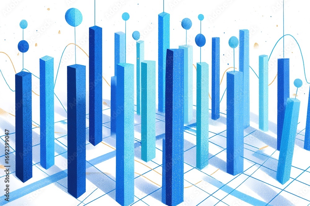 Poster modern data visualization with blue and teal abstract bars and spheres in a three-dimensional layout