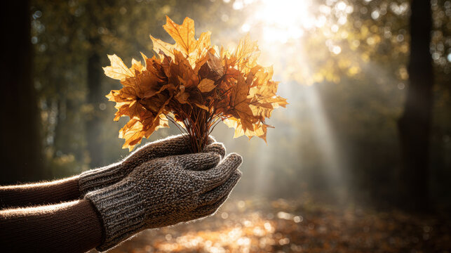 Cozy autumn vibes with hands holding a bouquet of golden leaves in nature.