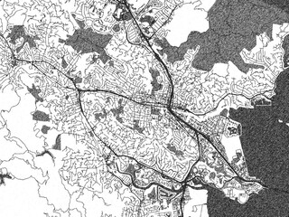Obraz premium Black and white map of San Rafael, California, designed in a digital hand-drawn style, highlighting roads, parks, and rivers.