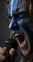 Close up of a person with blue and white face paint screaming into a microphone