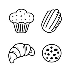 Doodle set of croissant, Madeleine,  Cupcake and chocolate chip cookies