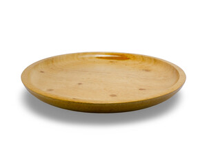 Minimalist round wooden plate on white background with visible natural wood texture. Sustainable and eco-friendly tableware for kitchen, dining, or food styling use.