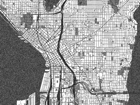 Hand-drawn style black and white city map of Seattle Center, Washington, showing its urban design in an artistic layout.