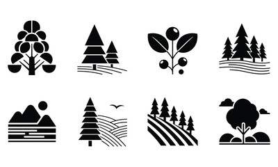 A festive set of Christmas holiday vector icons featuring cartoon trees and winter snow illustrations