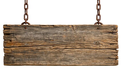 Old wooden hanging sign with rusty chains isolated on white background
