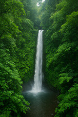 Majestic Waterfall Surrounded by Lush Green Foliage in a Tropical Forest