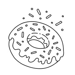 Hand drawn Donut outline black and white vector illustration isolated on white background. Line doughnut icon with icing and sprinkles in minimalist line art and silhouette styles. For bakery product