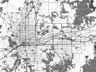 Naklejka premium Hand-drawn style black and white city map illustration of Spokane Metro, Washington, with detailed streets and shaded textures.