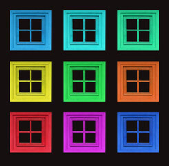 Old colorful wooden windows vintage aged isolated on black background