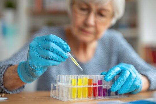 DNA Test Kit: Senior Woman's Hand Preparing Genetic Test Kit for Mail at Home