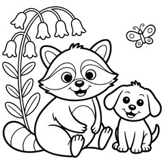 Obraz premium Cute Raccoon and Puppy Friends in a Floral Garden