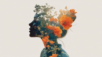 Double Exposure Woman. Profile of a Woman with Flowers Illustration Symbolizing Mental Health Awareness