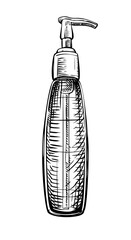 Vector hand drawn vintage illustration of cosmetic bottle in vintage engraved style. Package for shampoo, cream, tonic, lotion, serum. Black and white sketch isolated on white background