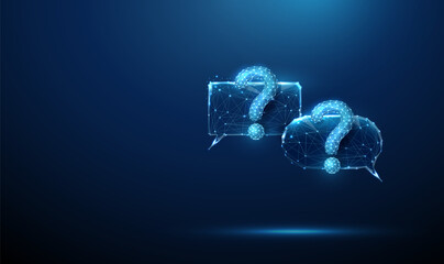 Blue futuristic chat bubbles with question marks. AI-powered chatbots, automated customer support, real-time response systems, intelligent assistance concept.
