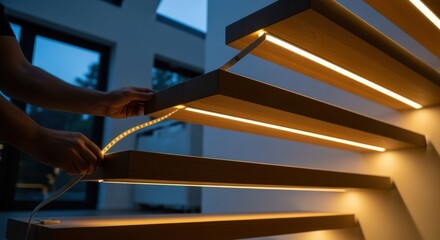 Installing flexible LED strip lighting beneath staircase edges for enhanced night visibility and stylish architectural accent lighting.