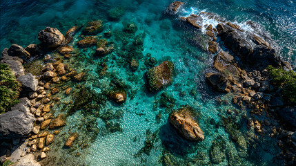 Stunning aerial drone view of a pristine tropical coastline with crystal clear turquoise water revealing rocks and the seabed. A beautiful paradise scene.
