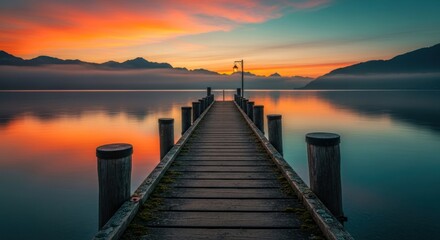 Fototapeta premium Serene Sunrise over Lake, Wooden Pier Extends to Horizon