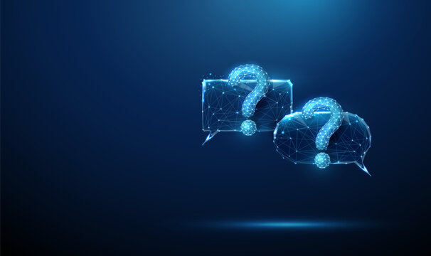 Blue futuristic chat bubbles with question marks. AI-powered chatbots, automated customer support, real-time response systems, intelligent assistance concept.
