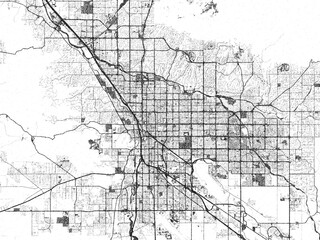 Minimalist map of Tucson, Arizona, illustrated in black and white with a bold street grid and shaded parks.